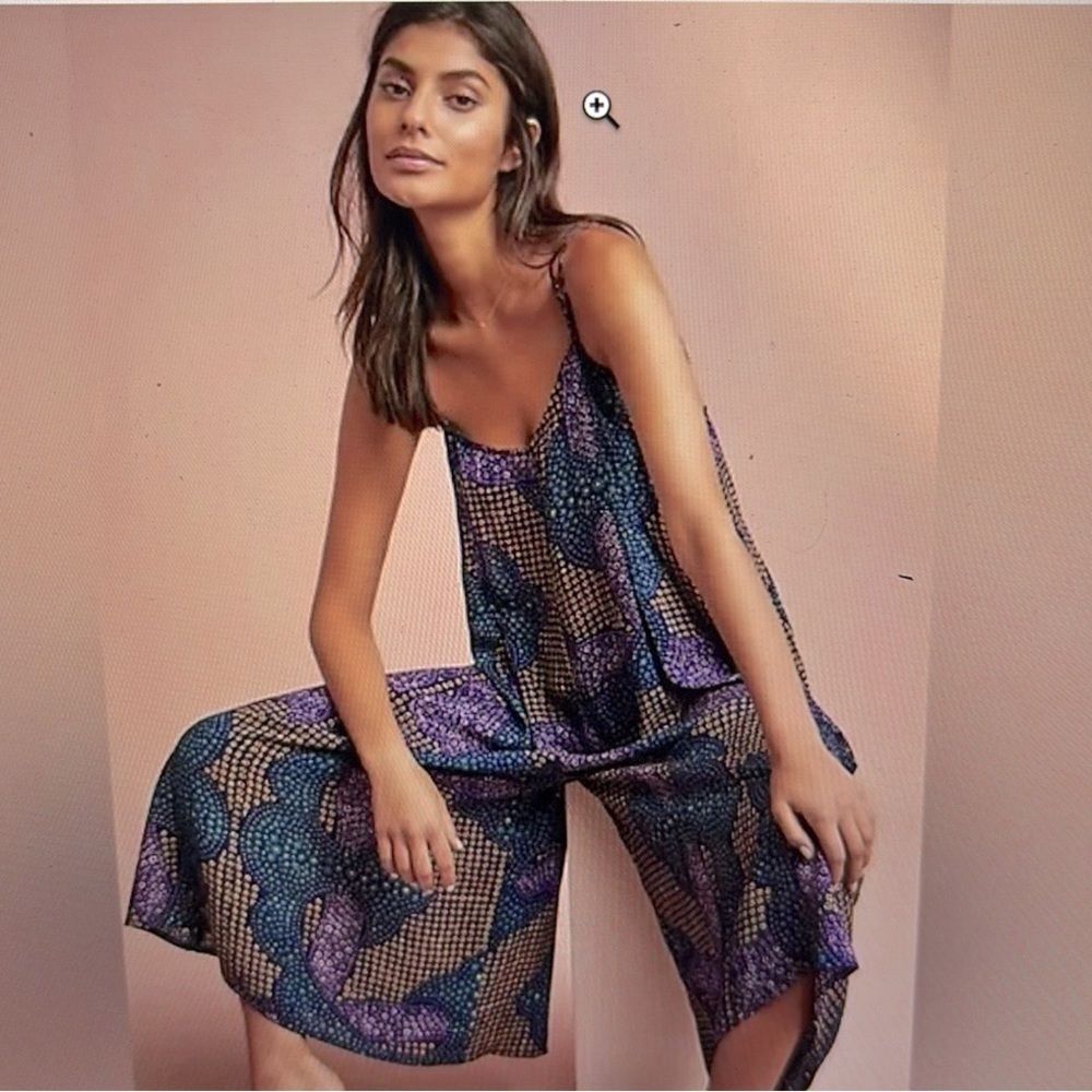 Floreat Wide Leg Cropped Jumpsuit Black Floral Rayon Romper XS